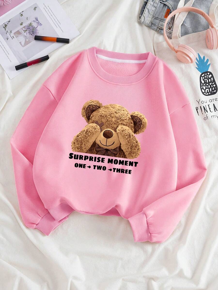 SHEIN Qutie Felpe orso e lettera foderato termico - Rosa - Visualizzare 1