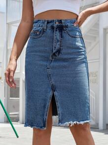 High Waist Raw Trim Split Thigh Denim Skirt - Medium Wash - View 3