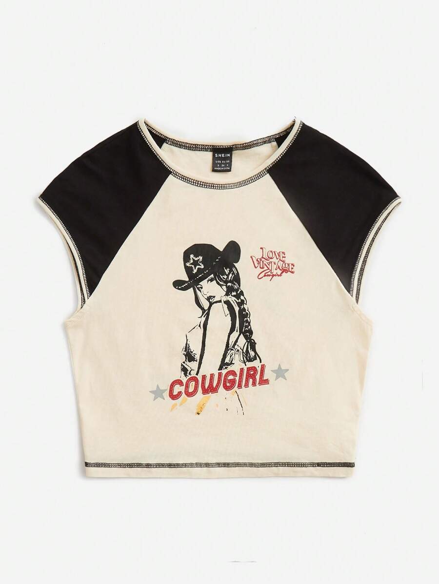 SHEIN EZwear Figure & Letter Graphic Raglan Sleeve Crop Tee - Multicolor - View 1