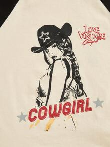 SHEIN EZwear Figure & Letter Graphic Raglan Sleeve Crop Tee - Multicolor - View 4