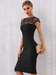 蕾絲肩部下擺開叉緊身派對酒會禮服 - 黑色 - 查看 5