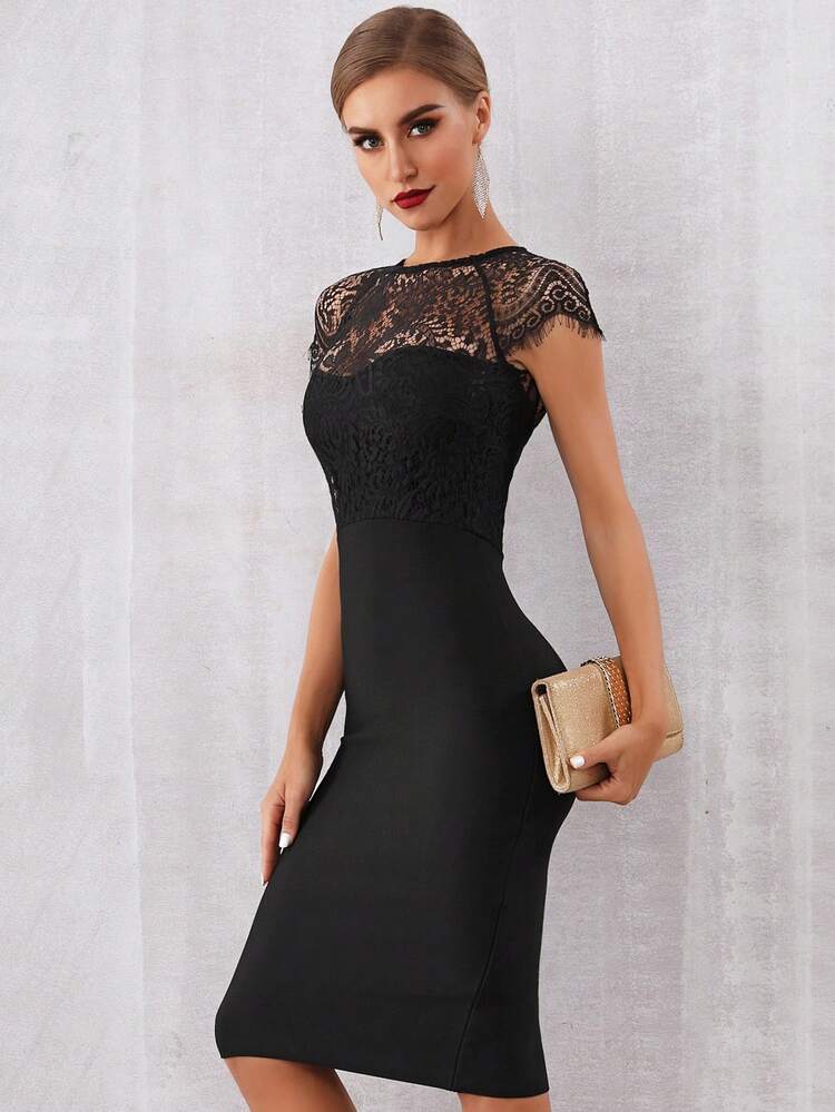 蕾絲肩部下擺開叉緊身派對酒會禮服 - 黑色 - 查看 5