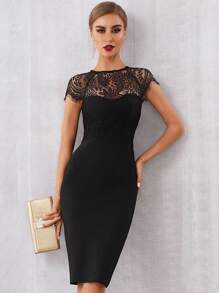 蕾絲肩部下擺開叉緊身派對酒會禮服 - 黑色 - 查看 6