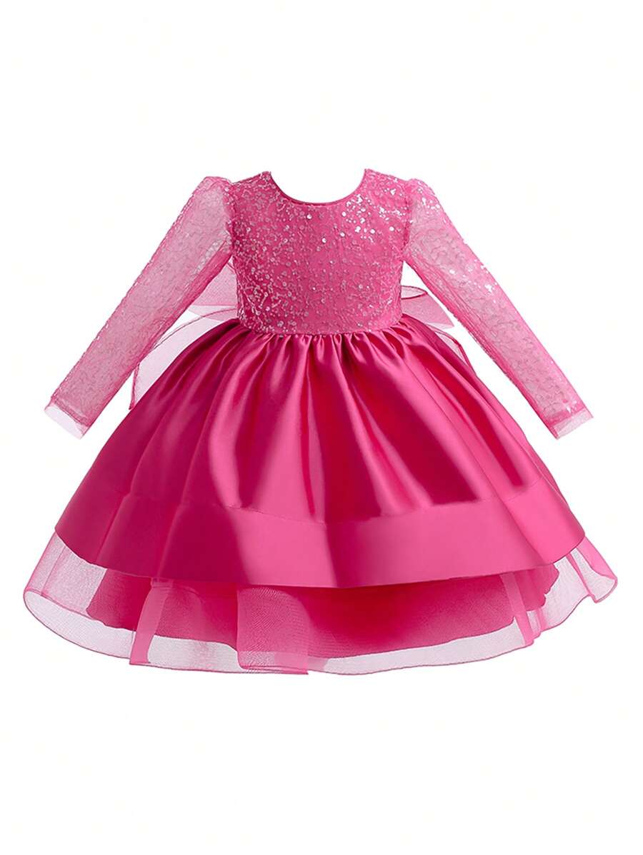 Trẻ Cô gái Màu thuần Tay áo dài Đầm Với Lưới Trở lại , Trang trí Nơ Và Xa ten Chất liệu , Thanh lịch Và , Thích hợp Đối với Trường học Hiệu suất - Màu Hồng Tươi - Xem 1