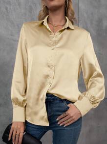 SHEIN LUNE 素色前紐扣緞面襯衫 - 杏色 - 查看 5