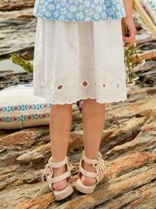 女孩素色網眼刺繡半身裙 - 白色 - 查看 2