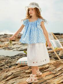 女孩素色網眼刺繡半身裙 - 白色 - 查看 3