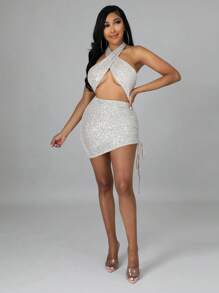 十字交叉後背繫帶側抽繩亮片吊脖緊身連衣裙 - 白色 - 查看 1