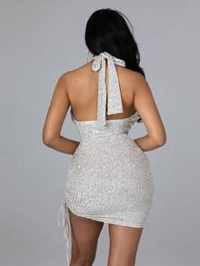 十字交叉後背繫帶側抽繩亮片吊脖緊身連衣裙 - 白色 - 查看 2