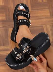 Women Metal Decor Flatform Slide Sandals, Punk Sandals Black - Black - View 1