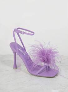 Fluffy Faux Feather Strappy High Heeled Sandals - Lilac Purple - View 2
