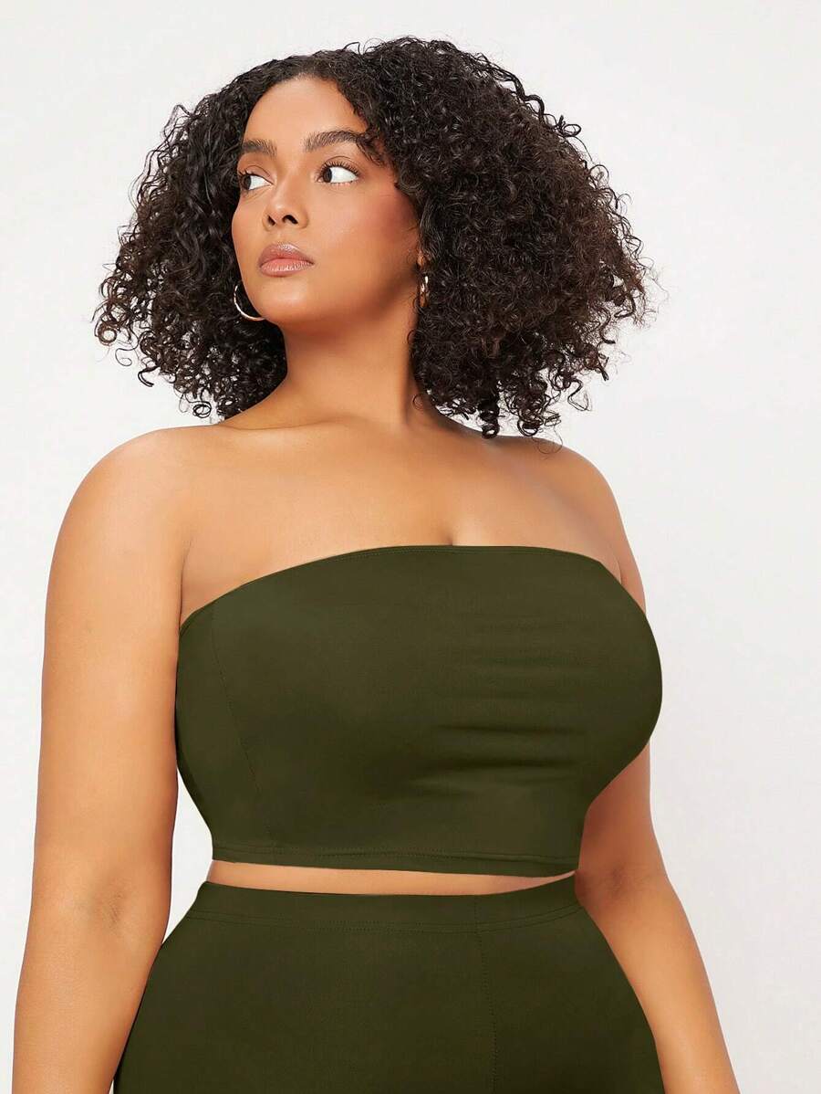 SHEIN BASICS 大碼素色抹胸上衣 - 軍綠色 - 查看 1