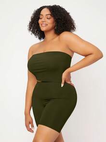 SHEIN BASICS 大碼素色抹胸上衣 - 軍綠色 - 查看 3