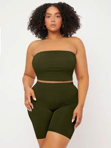 SHEIN BASICS 大碼素色抹胸上衣 - 軍綠色 - 查看 5