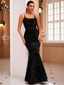 LOVE&LEMONADE 魚尾裙下擺亮片正式連衣裙 - 黑色 - 查看 1