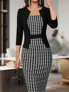 HOMEYEE Houndstooth Print Split Back 2 In 1 Bodycon Dress - Black and White - View 4