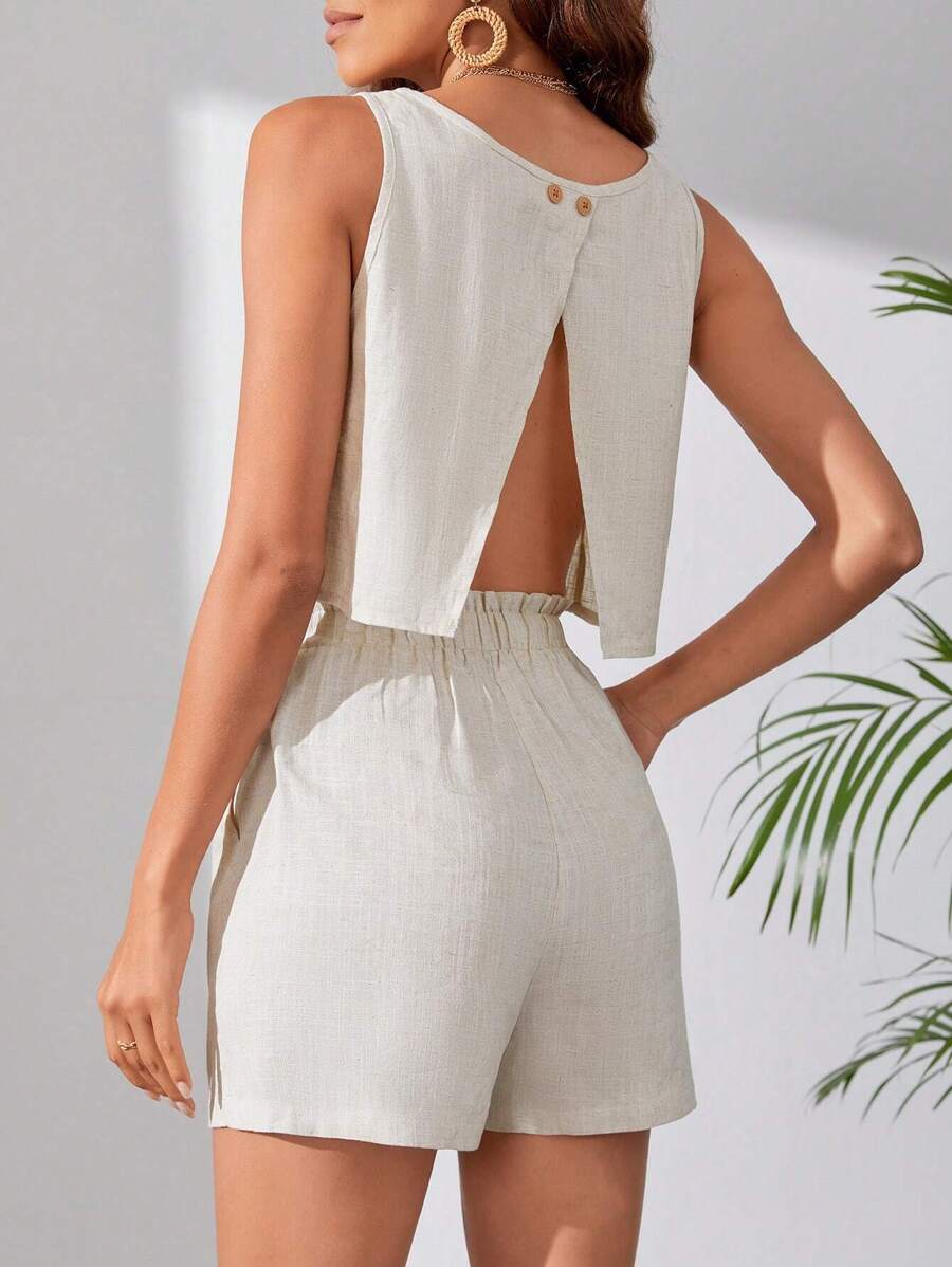 SHEIN Tall Bộ đồ hai mảnh nữ Nút Túi Chia Quần paper-bag màu trơn Giải trí - Màu be - Xem 1