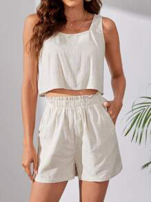 SHEIN Tall Bộ đồ hai mảnh nữ Nút Túi Chia Quần paper-bag màu trơn Giải trí - Màu be - Xem 2