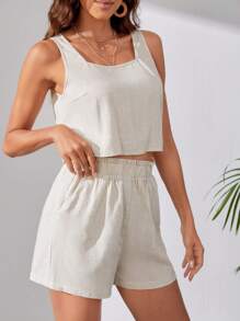 SHEIN Tall Bộ đồ hai mảnh nữ Nút Túi Chia Quần paper-bag màu trơn Giải trí - Màu be - Xem 5