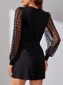 SHEIN Tall 拼接格紋網紗燈籠袖腰帶連身短褲 - 黑色 - 查看 3