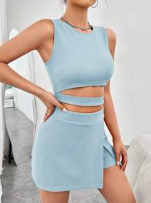 SHEIN Essnce Cut Out Tank Top & Split Hem Skort - Baby Blue - View 3