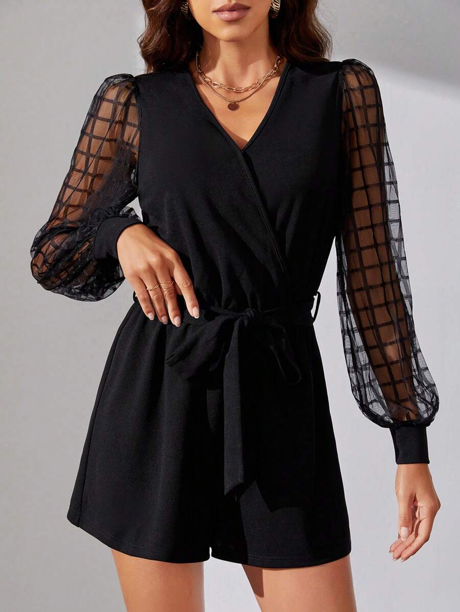 SHEIN Tall 拼接格紋網紗燈籠袖腰帶連身短褲 - 黑色 - 查看 1