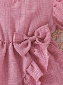SHEIN Vintaside Kids 嬰兒泡泡袖荷葉邊前蝴蝶結連衣裙 - 粉色 - 查看 7