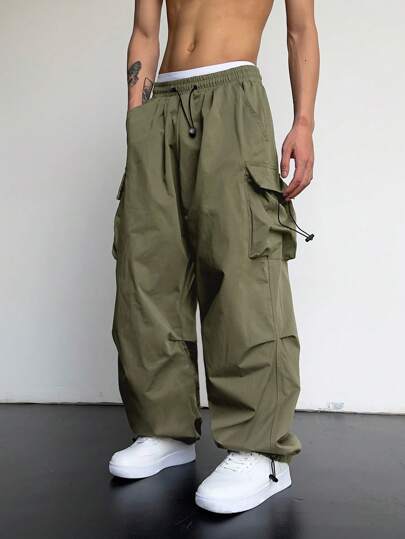 Manfinity Roghcode Men Flap Pocket Side Drawstring Waist Oversize Cargo Pants, For Fall