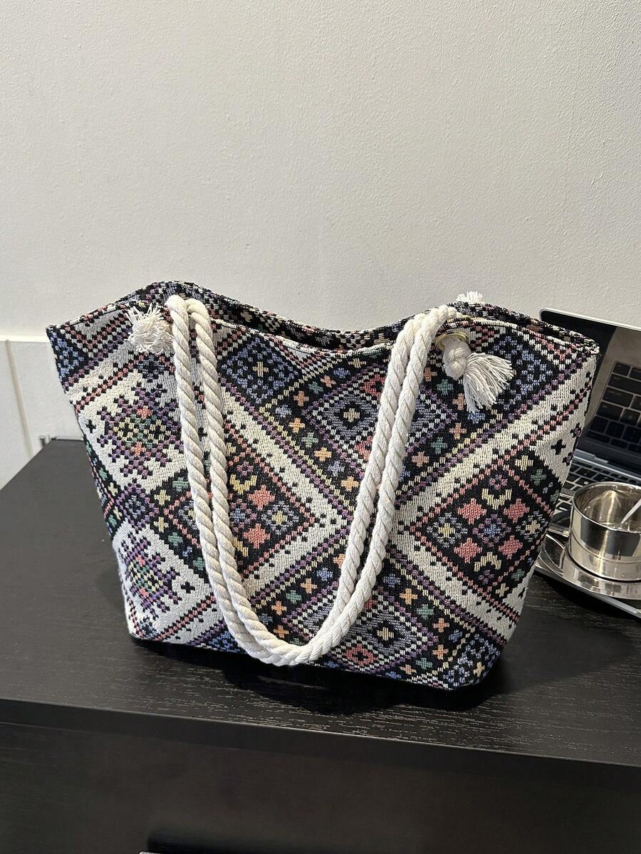 Medium Shoulder Bag Geometric Pattern Double Handle - Black - View 1