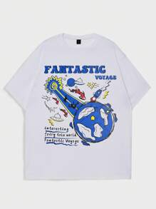 ROMWE MEN Street Life Guys Slogan & Cartoon Graphic Drop Shoulder Tee - White - View 1