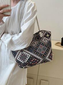 Medium Shoulder Bag Geometric Pattern Double Handle - Black - View 2