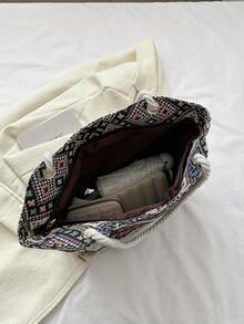 Medium Shoulder Bag Geometric Pattern Double Handle - Black - View 5