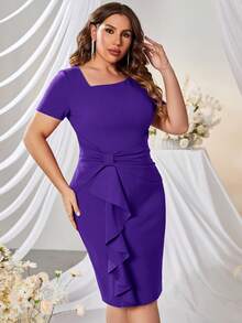 MUXXN Plus Ruched Ruffle Trim Bodycon Dress - Purple - View 3