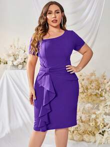 MUXXN Plus Ruched Ruffle Trim Bodycon Dress - Purple - View 4