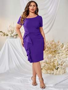 MUXXN Plus Ruched Ruffle Trim Bodycon Dress - Purple - View 5
