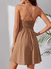 SHEIN Tall Đầm Lộ Lưng Hội Chữ thập Dải chun Thắt nơ trước màu trơn Giải trí - Màu Khaki - Xem 2