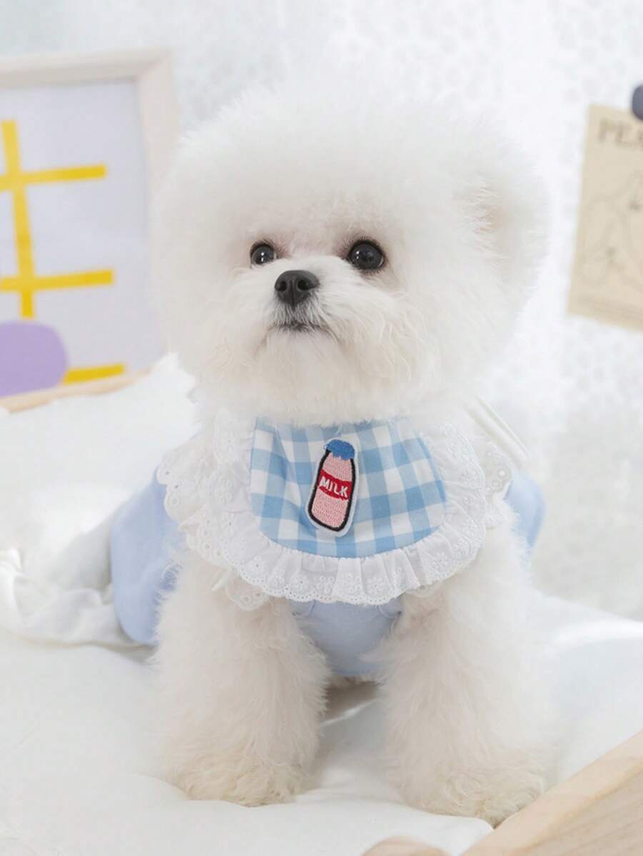 2入組格紋印花寵物圍兜和寵物洋裝套裝適用於狗狗和貓適合夏天 - 藍色 - 查看 1