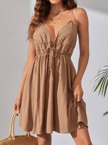 SHEIN Tall Đầm Lộ Lưng Hội Chữ thập Dải chun Thắt nơ trước màu trơn Giải trí - Màu Khaki - Xem 6