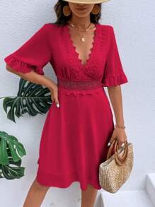 SHEIN LUNE Guipure Lace Panel Flounce Sleeve Dress - Red - View 3