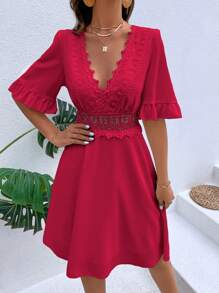 SHEIN LUNE Guipure Lace Panel Flounce Sleeve Dress - Red - View 5