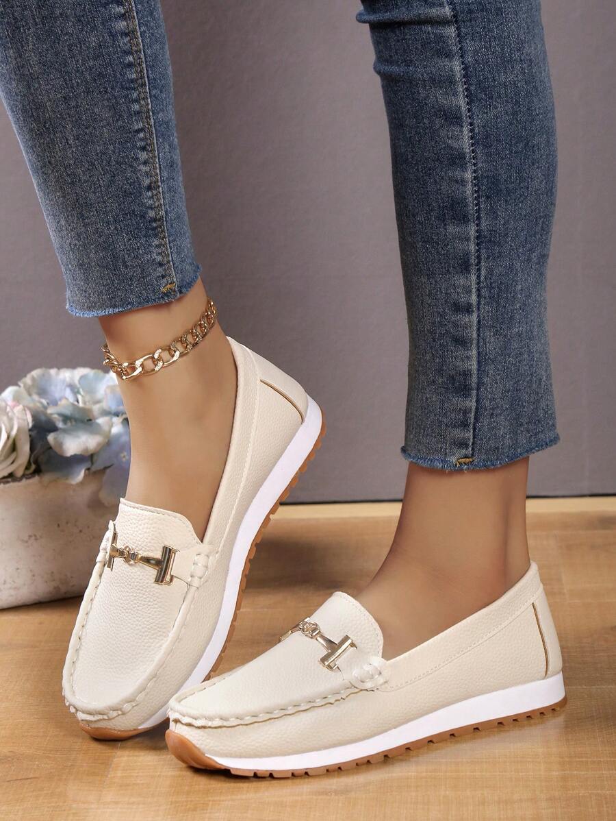 Giày lười trang trí bằng kim loại cho nữ, Giày thể thao thể thao - Màu be - Xem 1