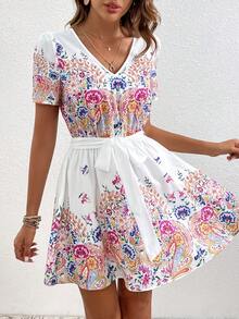 SHEIN VCAY Floral Print Belted Dress - Multicolor - View 4