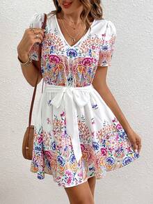 SHEIN VCAY Floral Print Belted Dress - Multicolor - View 2