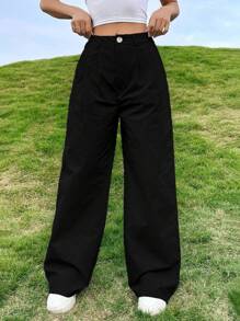 SHEIN Unity 素色闊腿褲 - 黑色 - 查看 1