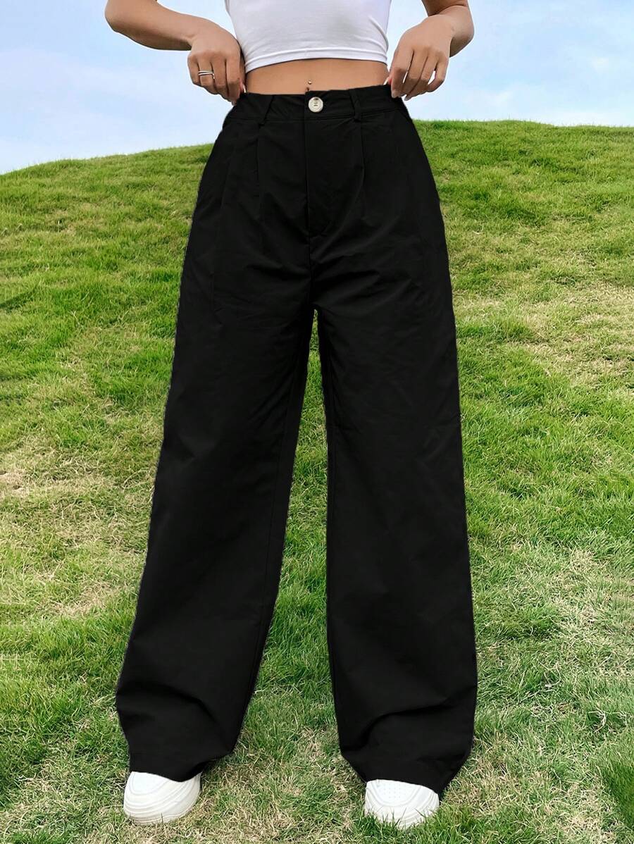 SHEIN Unity 素色闊腿褲 - 黑色 - 查看 1