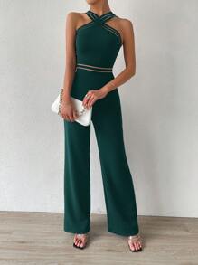 RosyDaze Solid Criss Cross Zip Back Jumpsuit - Dark Green - View 5