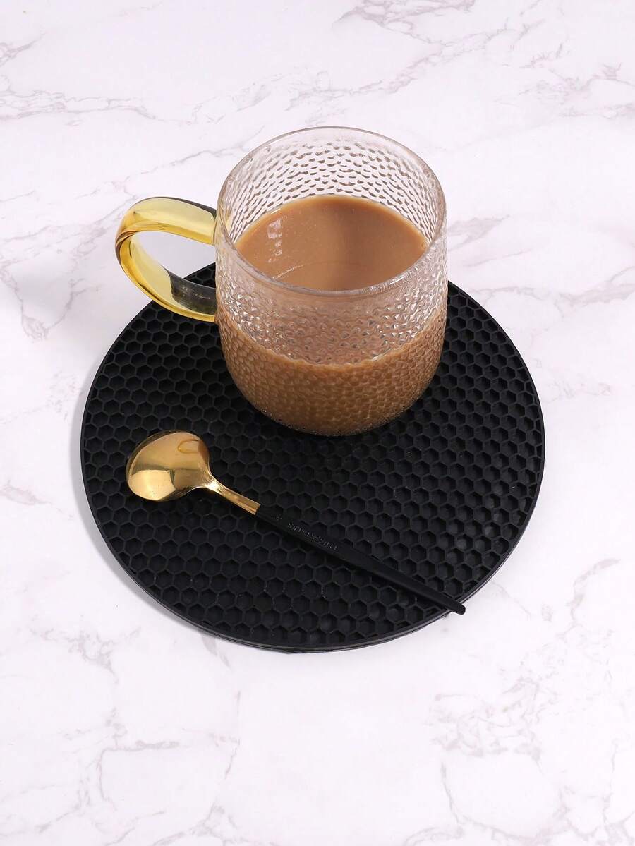 1pc Rubber Coaster, Minimalist Honeycomb Textured Coaster For Home - Black - View 1