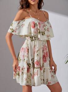 SHEIN Tall Vestido con estampado floral de hombros descubiertos bajo con fruncido - Beis - Ver 6