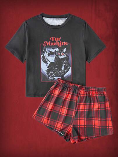 Hafaell Letter Cat Graphic Plaid Pajama Set, School