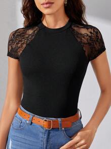 SHEIN Tall Camiseta con encaje en contraste de manga raglán